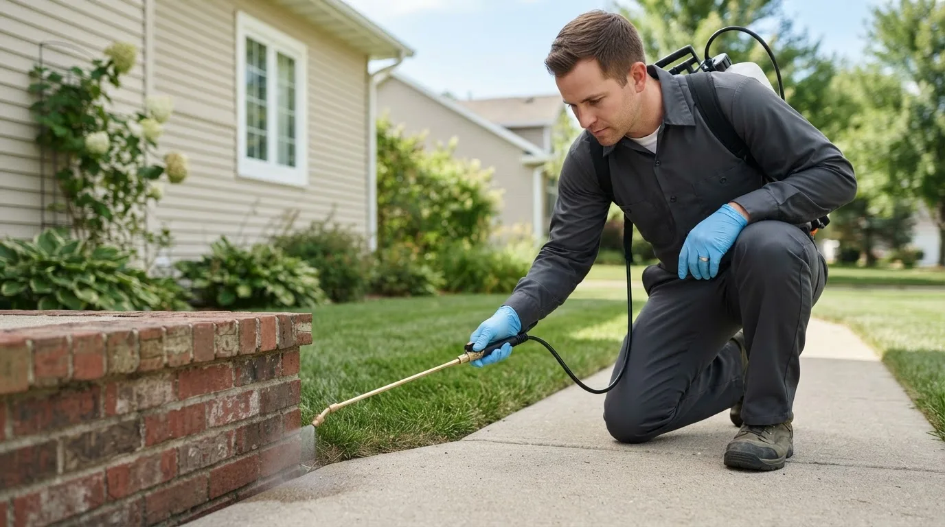 Pest control technician treating a home near Forest Falls, CA